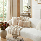 BlissBlush Decorative Throw Pillow Cover 20x20, Neutral Cream Boho Accent Pillowcase with Tufted Texture and Tassels, Beige Square Cushion for Sofa Couch Living Room (Cover Only)