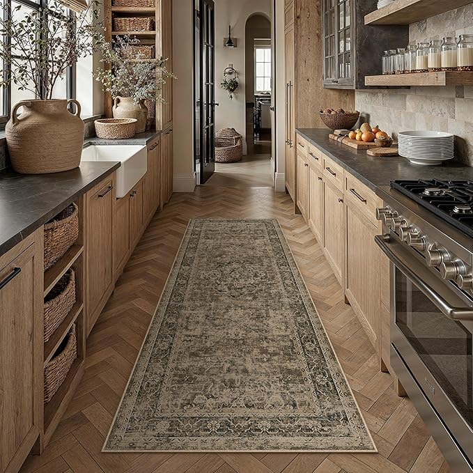 Hallway Runner Rug 2x6 Washable Brown Vintage Distressed Long Runner Oriental Soft Thin Indoor Carpet Non Slip Low Pile Throw Rug for Kitchen Bedroom Laundry Bedside Entryway