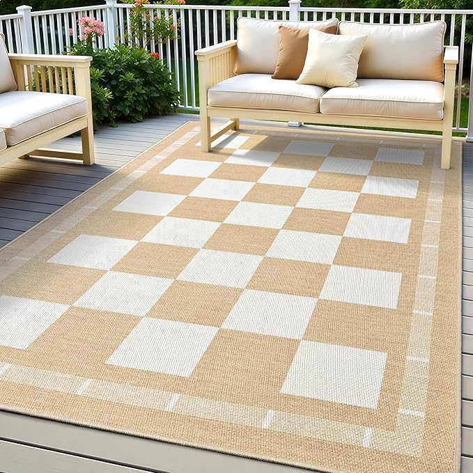 Vasofe Checkered Jute 5x7 Area Rugs, Washable Outdoor Patio Rug for Living Room Bedroom Indoor Carpet, Non Slip Modern Farmhouse Neutral Geometric Rugs Office Porch Dining Room Mat, Khaki and White
