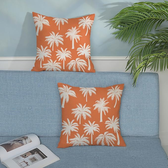 Burnt Orange Palm Tree Pillow Covers 16x16 Inch Set of 2 Vintage Tropical Decorative Pillow Cases Summer Outdoor Cushion Cover Farmhouse Linen Decoration Throw Pillows for Couch Living Room