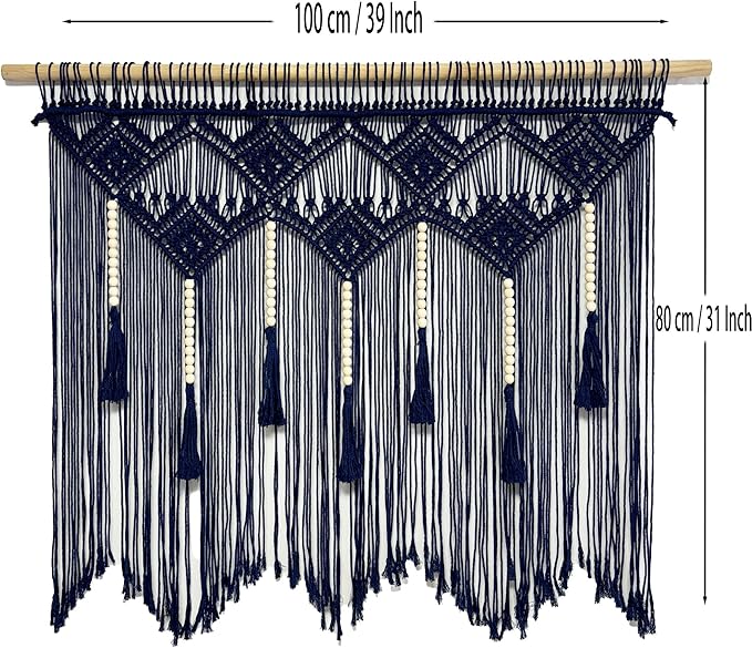 Youngeast Large Macrame Wall Hanging Boho Woven Tapestry Bohemian Macrame Wall Decor Handmade Tassel Tapestry Home Decoration for Bedroom Living Room 39"X31" (Wood Dowels Not Included) (Navy)
