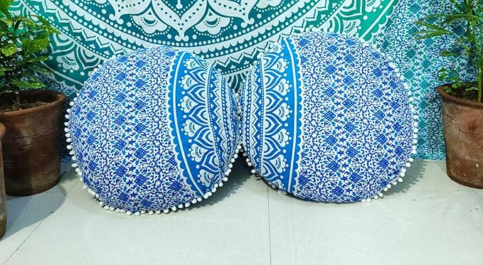 INDIAN CRAFT CASTLE 24" Mandala Barmeri Large Floor Pillow Cover Cushion Meditation Seating Ottoman Throw Cover Hippie Decorative Zipped Bohemian Pouf Ottoman Poufs, Pom Pom Pillow Cases