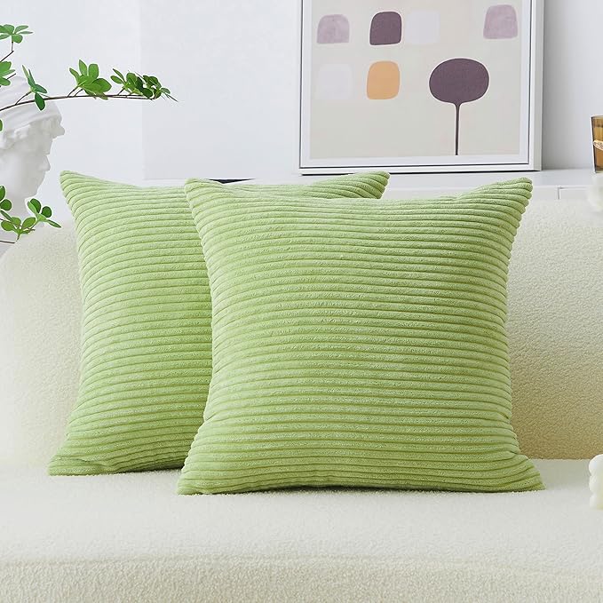 Home Brilliant Spring Pillow Covers 16x16 Striped Velvet Cushion Covers for Chair Couch Decor Set of 2 Decorative Pillowcase Sage, 40cm, 16 x 16 Inch, Apple Green