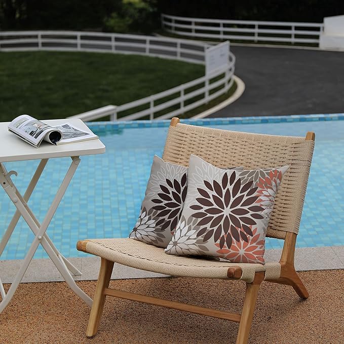 DFXSZ Brown Red Orange Pillow Covers 18x18 Inch Set of 2 Flower Throw Pillows Outdoor Waterproof Decor for Living Room Couch Patio Funiture Garden Modern Floral Polyester Pillow Covers 002A18