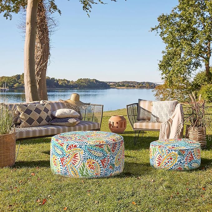 Indoor/Outdoor Inflatable Ottoman D21 x H9 inch, Round Footstool Inflatable Foot Rest Ottoman with Handle, Portable Ottomans Pouf for Patio, Garden, Camping, Home, Paisley Multi