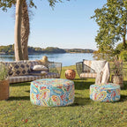 Indoor/Outdoor Inflatable Ottoman D21 x H9 inch, Round Footstool Inflatable Foot Rest Ottoman with Handle, Portable Ottomans Pouf for Patio, Garden, Camping, Home, Paisley Multi