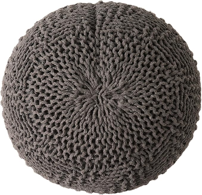 Handcrafted Knitted Cotton Round Pouf - 20x20, Modern Design, Soft and Comfortable, No Assembly, Home Decor, Knit Ottoman, Boho Floor Pouf for Living (Knitted Pouf - Dark Gray)