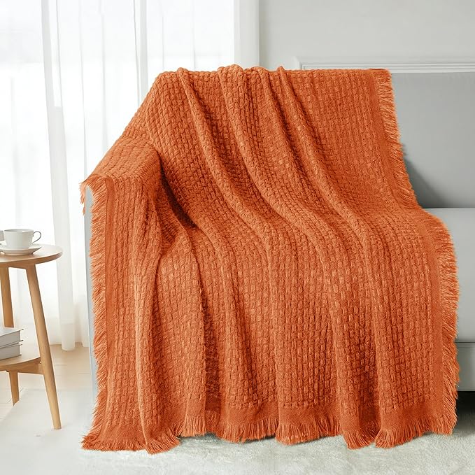 Exclusivo Mezcla Knit Throw Blanket with Fringes for Couch, Reversible Super Soft and Warm Woven Boho Throw for All Season, Home Decor, 50"x60", Burnt Orange