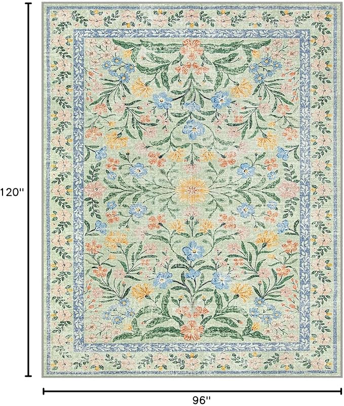 Lahome Sylvie Machine Washable Area Rugs 8x10 Non Slip, Soft Boho Living Room Rugs, Ultra-Thin Vintage Cottage Throw Carpet for Home Office Dinning Room Kids Playroom, Green/Multi
