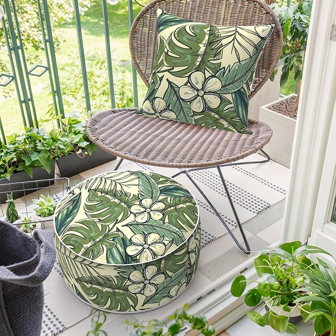 Inflatable Ottoman Stool D21 xH9 for Outdoor/Indoor Use, Water Repellent Patio Foot Rest with Portable Handle,Round Pouf Ottoman Suitable for Garden,Deck and Camping-Tropical Paradise
