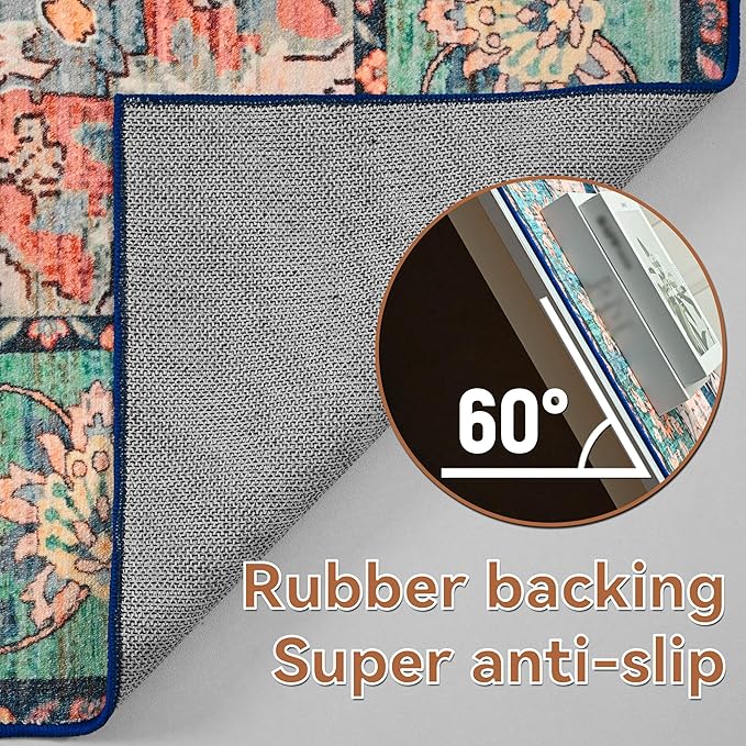 YJ.GWL Area Rugs for Living Room 9x12 Machine Washable Rugs, Non Slip Floral Vintage Rug Indoor Carpet, Stain Resistant Large Rug for Bedroom Dining Room, Red Blue Gradient Color
