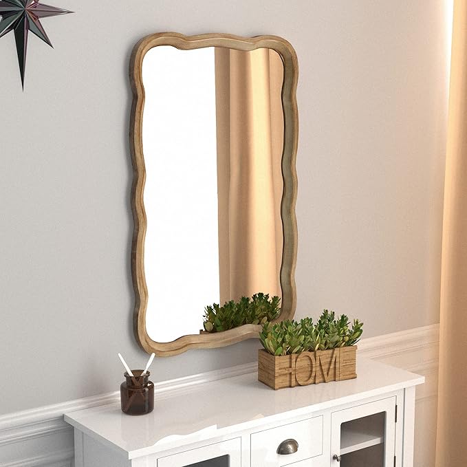 COZAYH Rustic Farmhouse Wall Mirror, 23.5” x 38” Rectangular Decorative Wall Mounted Mirror with Distressed Wood Frame & Curved Scallop Detail, Natural
