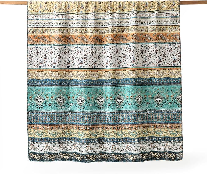 HORIMOTE HOME Boho Style Queen Quilt Set Yellow Bohemian Floral Strip Quilt Beddding Set, Soft and Lightweight Bedspread for All Season, Full Size Bed Coverlet with 2 Matching Pillow Shams (3 Pieces)
