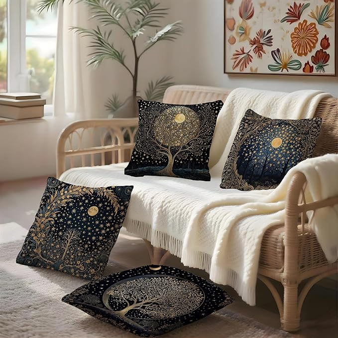 Vintage Dark William Morris Moon Night Forest Decor Pillow Covers 18x18 Set of 4,Black Forest Decor,Dark Dcademia Floral Decorative Throw Pillow Covers for Home Bedroom Living Room