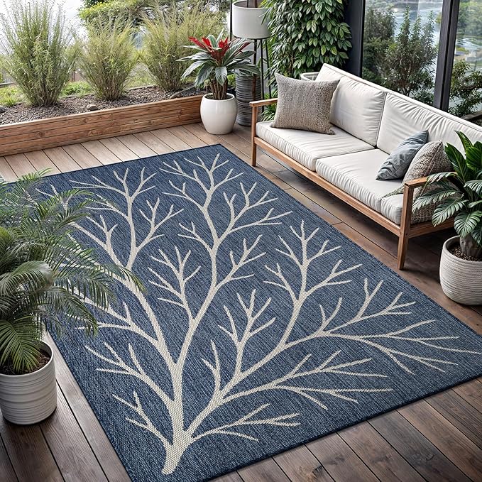 Washable Indoor Outdoor Rug 6x9 Modern Area Rugs Branch Pattern Non Shedding Waterproof Easy Clean Patio Deck Porch Living Room Bedroom Garden RV (6 X 9 Blue)