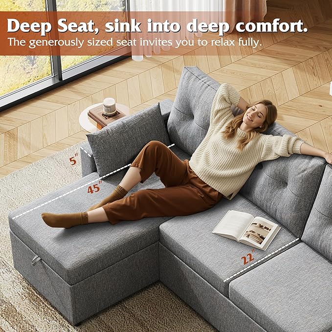 WLIVE 110'' Sectional Couches for Living Room, Pull Out Couch, U Shape 7 Seat Sleeper Sofa with Storage Chaise and Pillows, Removable Sofa Cover, Cups Holders, USB Charging Station, Grey