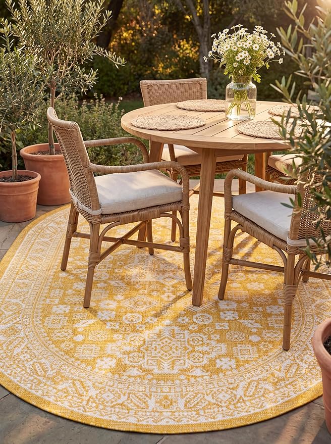 Rugs.com Outdoor Aztec Collection Rug – 5' x 8' Oval Yellow Flatweave Rug Perfect for Living Rooms, Large Dining Rooms, Open Floorplans