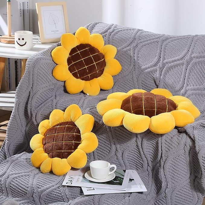 Coume 2 Pieces 3D Sunflower Flower Floor Pillow Seating Cushion Mat Sunflower Shaped Throw Pillow Yellow Chair Pads Decorative Plush for Bed Car Chair Sofa Office Gifts(19 Inch)