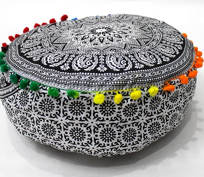 INDIAN CRAFT CASTLE ICC Black Elephant Mandala Barmeri Large Floor Pillow Cover Cushion Meditation Seating Ottoman Throw Cover Hippie Decorative Zipped Bohemian Pouf Ottoman Cases 16" Round