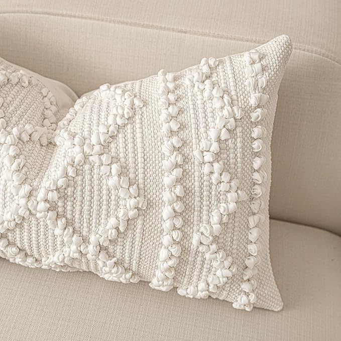 BlissBlush Pure White Decorative Lumbar Pillow Cover 14x24, Boho Accent Throw Pillow Case for Couch Sofa Bed, Modern Farmhouse Textured Lumbar Cushion Bedroom Living Room, Cover ONLY