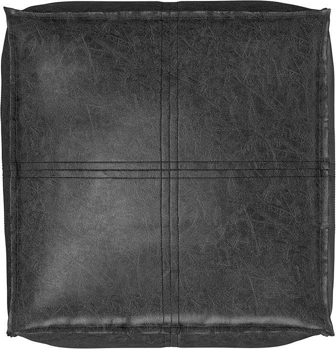 SIMPLIHOME Brody Square Pouf - 18 inch Wide Upholstered Vegan Leather Ottoman in Distressed Black, Boho Footstool, Coffee Table or Extra Seating for Living Room or Bedroom, Assembled