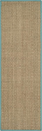 SAFAVIEH Natural Fiber Collection Runner Rug - 2'6" x 12', Natural & Teal, Seagrass, Basketweave Pattern with Border (NF114R)