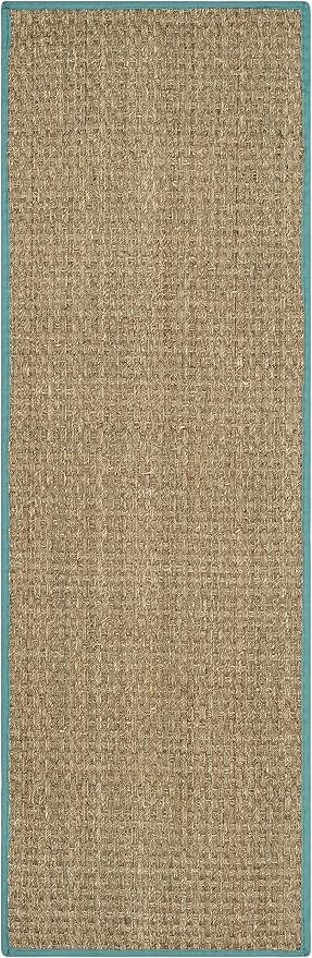 SAFAVIEH Natural Fiber Collection Runner Rug - 2'6" x 12', Natural & Teal, Seagrass, Basketweave Pattern with Border (NF114R)