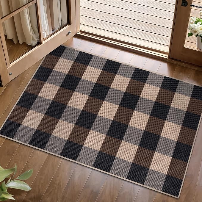 Tangsoo Checkered Easy Jute Rug, 2x3 Washable Ultra Thin Rug for Entryway Non-Slip Black Brown Outdoor Rug,Modern Front Door Mat Carpet for Kitchen Bedroom Porch Doorway