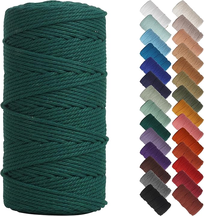 NOANTA Dark Green Macrame Cord 3mm x 220yards, Colored Macrame Rope Cotton Rope Macrame Yarn, Colorful Cotton Craft Cord for Wall Hanging, Plant Hangers, Crafts, Knitting