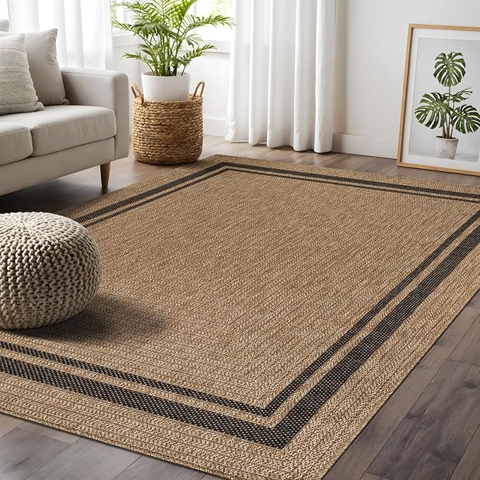 Beverly Rug Easy Jute Bordered Rug 9x12 Washable Large Indoor Outdoor Area Rugs for Living Dining Room Patio Office Stain Resistant Non Shedding Casual Indoor Outside Carpet 9 x 12 Natural