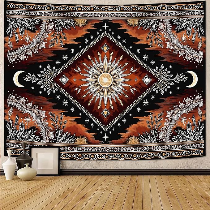 Accnicc Hippie Sun and Moon Tapestry Boho Mandala Floral Wall Tapestry for Bedroom Aesthetic Vintage Plant Celestial Dark Brown Large Tapestries Wall Hanging for Dorm Living Room Decor 80 x 60 Inch