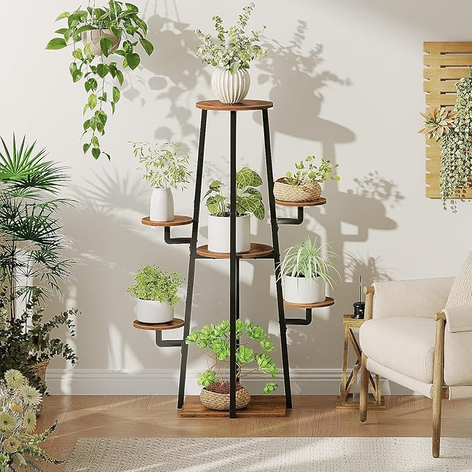 HOOBRO Plant Stand Indoor with Grow Lights, 7-Tier Plant Shelf for Multiple Indoor Plants, 47.2” Corner Plant Stand Organizer with Metal Frame, for Living Room, Balcony, Patio, Rustic Brown BF04DHJ01