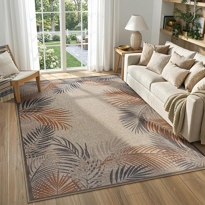 LIVEBOX Modern Easy Jute 5x7 Outdoor Rug, Washable Area Rugs for Living Room Patio Tropical Leaf Indoor Outdoor Rug, Boho Farmhouse Non Slip Carpet for Backyard Foyer Dining Room(Beige, 5'x7')