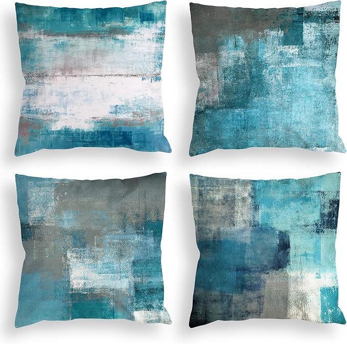 COLORPAPA Teal Throw Pillow Covers 18x18 Set of 4 Decorative Cushion Cover Turquoise Grey Abstract Art Painting Pillowcase for Sofa Bedroom Living Room Décor