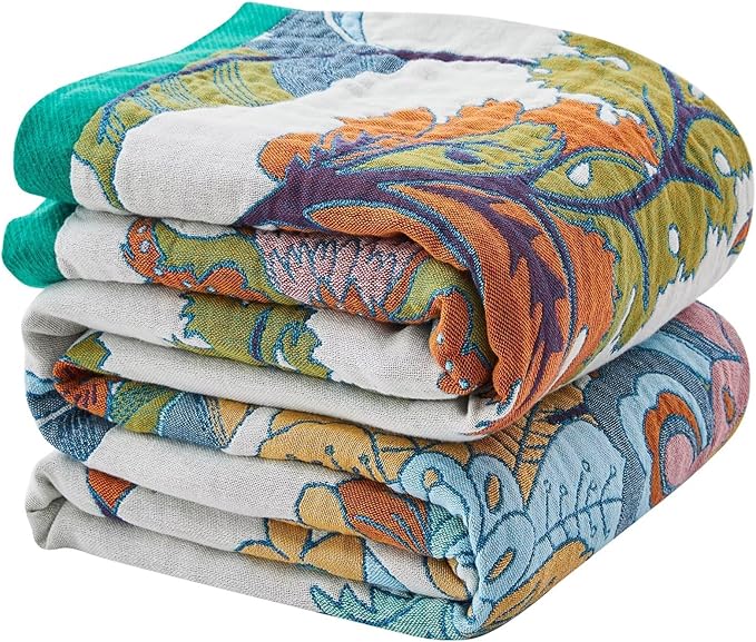Boho Blanket Soft Muslin BohoThrow Blanket, 100% Cotton Floral Printed Farmhouse Decor All Season Reversible Rustic Throw for Sofa Couch Chair (90"x98")
