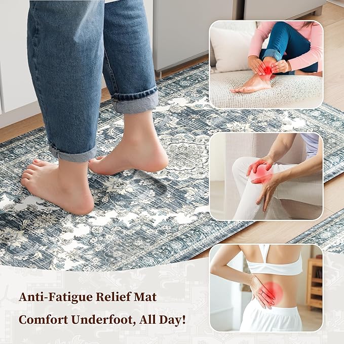 Boho Kitchen Mats for Floor 2 Piece Set Anti Fatigue Cushioned PVC Kitchen Rugs Non Slip Waterproof Farmhouse Mats 2/5 Inch Comfort Standing Mat for Sink, Laundry, 17.3"x59"+17.3"x28", Dark Blue