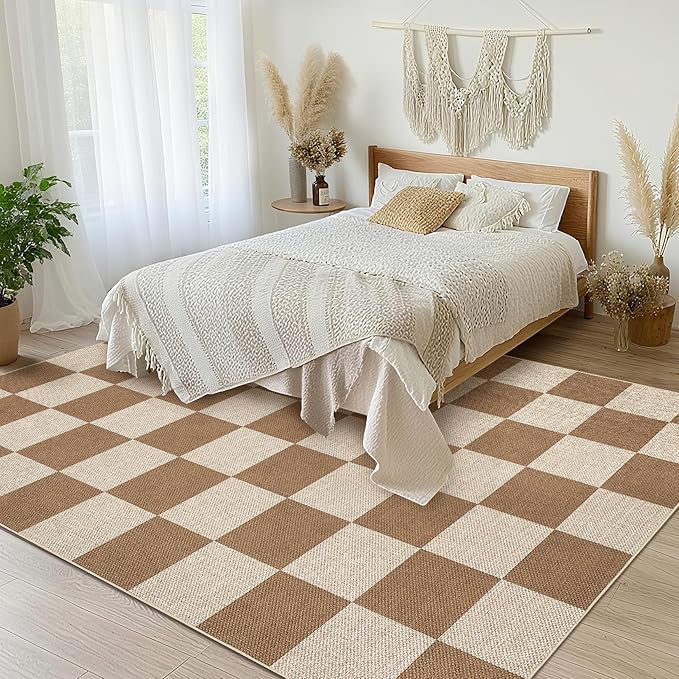 GarveeHome Checkered Easy Jute 5x7 Area Rugs for Living Room Machine Washable Non-Slip Backing Stain Resistant Modern Indoor Outdoor Rugs for Farmhouse Dining Room Patio Brown