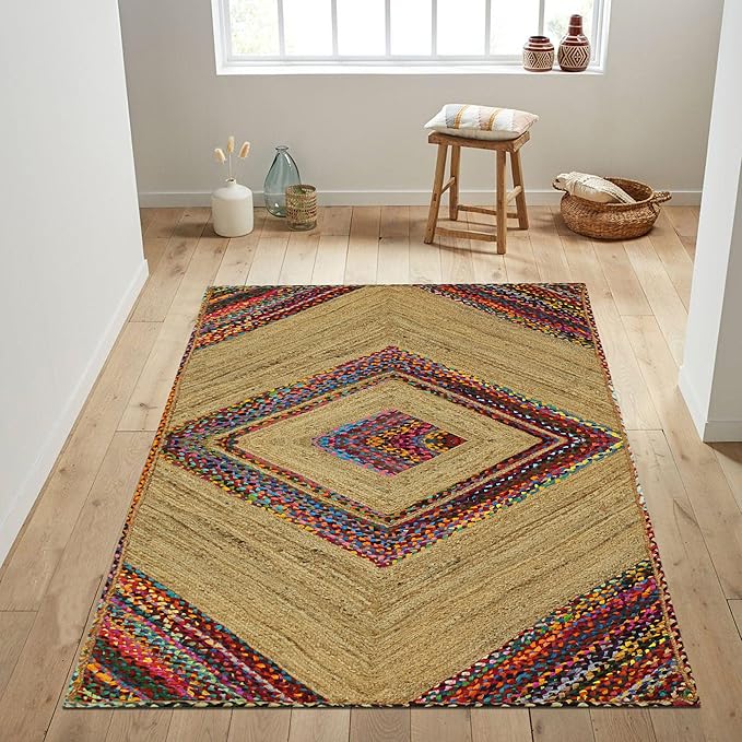 Square Area Rug - 3x3 Feet Multicolor Cape Code Chindi Cotton Jute Rug Geometric Kilim Rug Indoor Outdoor Use Carpet Flatweave Rugs for Bedroom Bedside Custom Mat Dining Table Mat