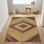 Square Area Rug - 3x3 Feet Multicolor Cape Code Chindi Cotton Jute Rug Geometric Kilim Rug Indoor Outdoor Use Carpet Flatweave Rugs for Bedroom Bedside Custom Mat Dining Table Mat