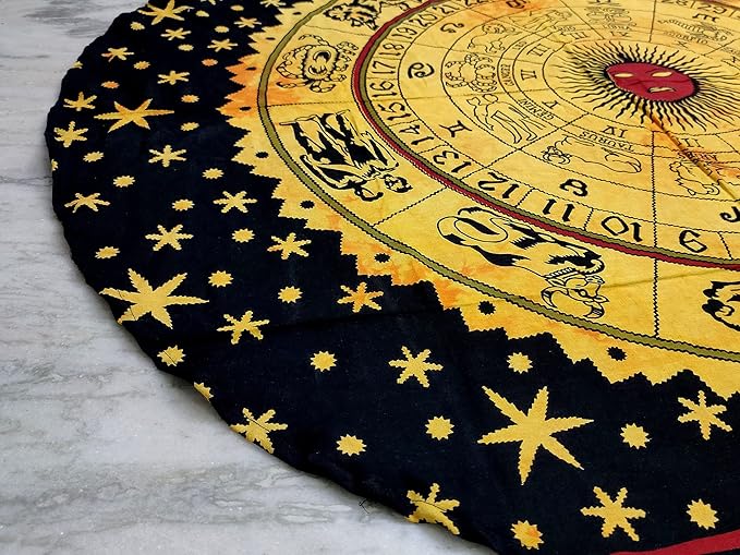 Round Beach Tapestry Turquoise Mandala Throw/Boho Hippie Beach Blanket Roundie/Indian Cotton Bohemian Large Round Table Cloth-Home Decor/Yoga Mat Meditation Picnic Rug (42", Yellow Black)