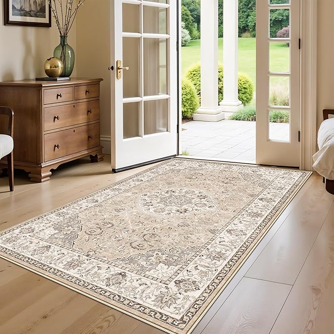 Living Room 4x6 Area Rugs: Vintage Farmhouse Washable Non-Slip Rug for Bedroom Dining Room Ultra Soft Indoor Carpet for Nursery Kitchen Durable Low-Pile Neutral Floor Mat for Pet Owners(4x6 Beige)