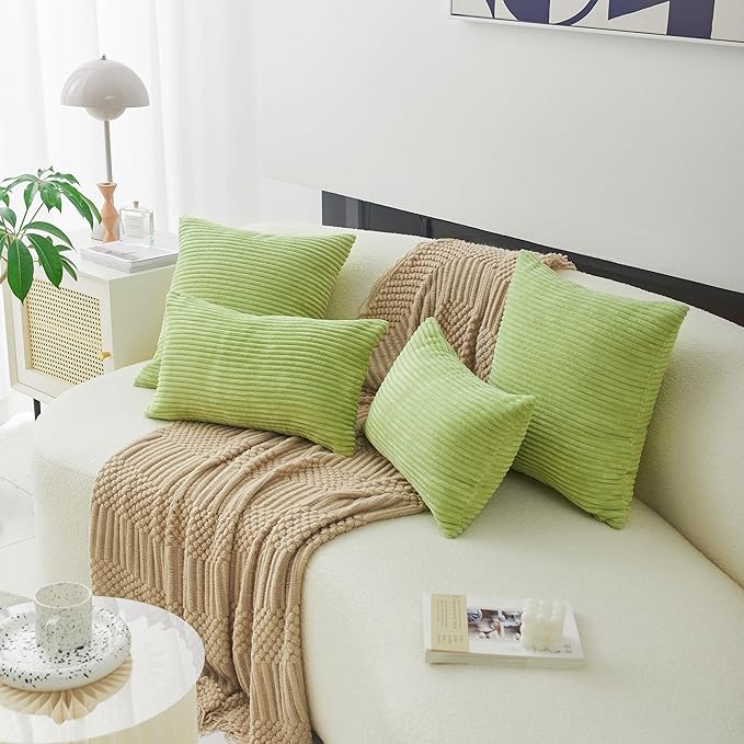 Home Brilliant Throw Pillow Covers 18x18 Set of 2 Super Soft Corduroy Striped Spring Pillow Covers Decor Cushion Covers for Couch Bedroom Decor, 18 x 18 inch, Apple Green