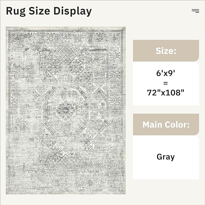 6x9 Area Rug for Living Room Floral Washable Non-Slip Gray Rugs for Bedroom Dinning Room Ultra-Thin Indoor Grey Rug