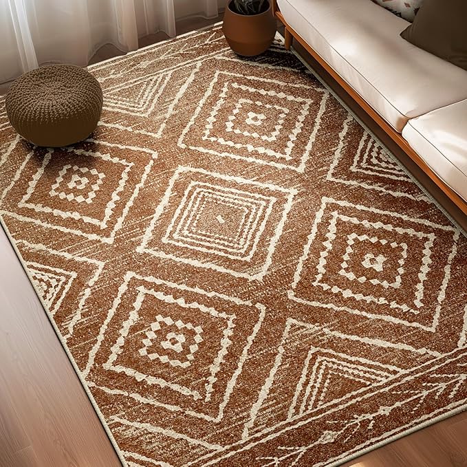 Area Rug 3x4 Rug Machine Washable Non-Slip Low Pile Print Pattern Western Rug for Living Room Bedroom Entryway Tribal Series-Yellowbrown/Cream