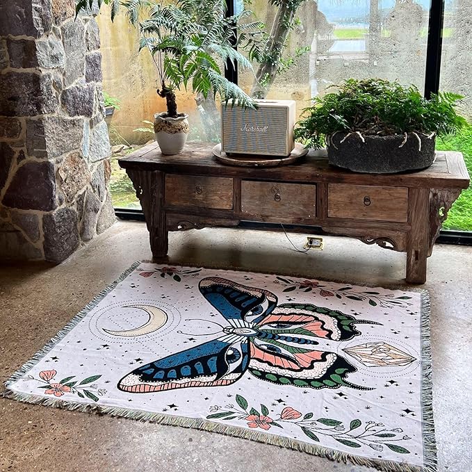 Hopstar Butterfly Throw Blanket Outdoor Blankets and Throws Boho Western Decor Cotton Woven Couch Cover Blanket for Sofa Living Room Beach Travel 51"x63" (Moth)