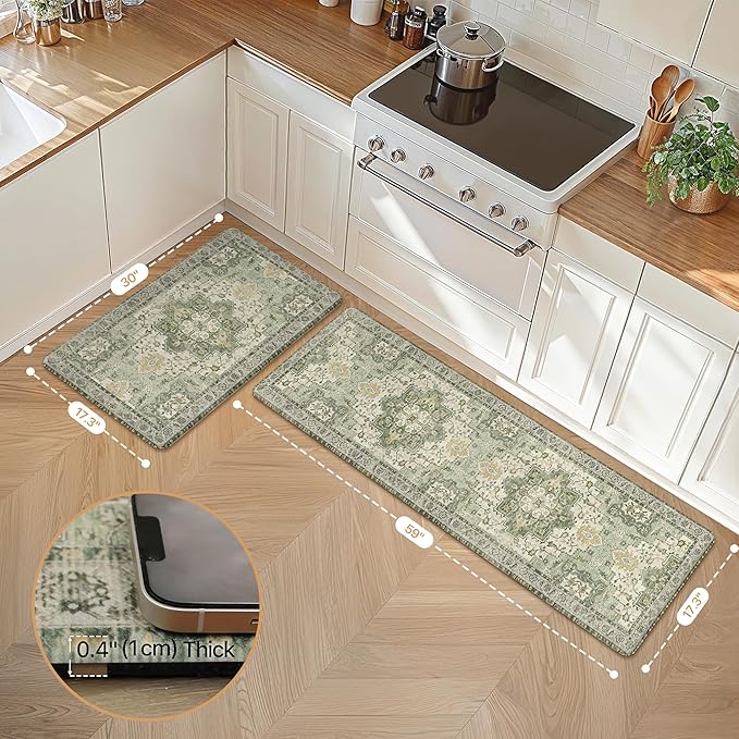 GENIMO Kitchen Mats for Floor 2PCs, Washable Anti Fatigue Mat for Cushioned, 17.3"x59"+17.3"x30", Waterproof Kitchen Rugs, Non Slip Comfort Standing Mat Rug for Home, Sink, Laundry, Light Green