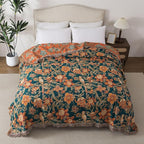 Boho Throw Blanket Twin Size, Soft Cozy Cotton Muslin Quilt Blanket for Bed Decor, Floral Patterned Couch Sofa Chair Cover, Vintage Farmhouse Cottage Tapestry Woven Blanket, Green&Orange