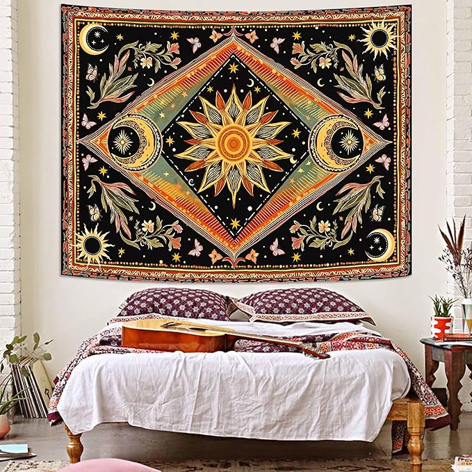 Accnicc Hippie Sun and Moon Tapestry Boho Mandala Floral Wall Tapestry for Bedroom Aesthetic Vintage Plant Celestial Colorful Small Tapestries Wall Hanging for Dorm Living Room Decor 48 x 36 Inch