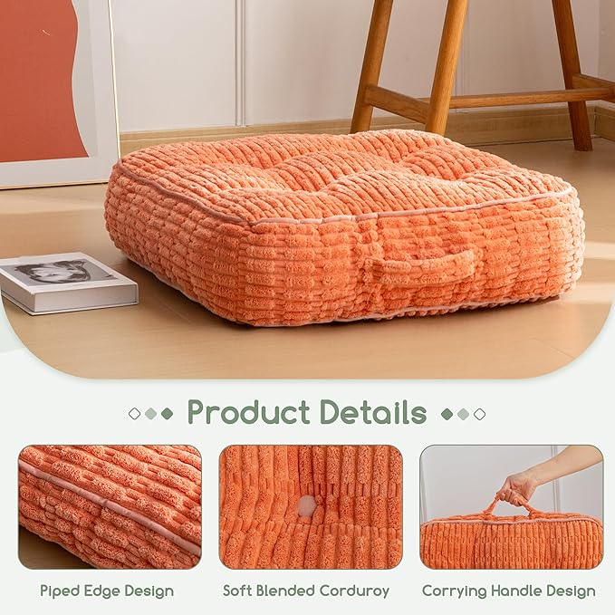 6" Washable Floor Pillow Cushion for Adults, Meditation Cushion Pillow, Removable Tufted Blended Corduroy Cover, Large Square Floor Sitting for Tatami Living Room or Yoga, 22x22 Inch, Machine Washable