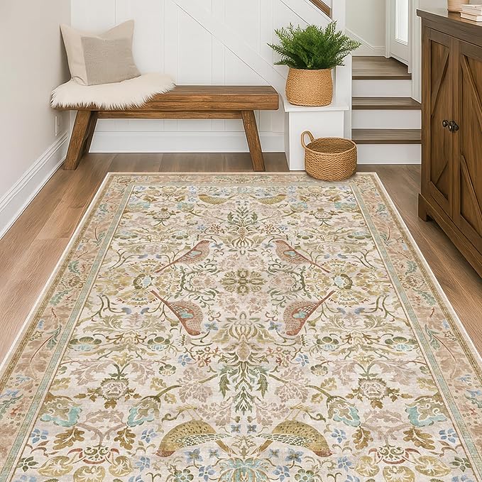 Washable Area Rugs 5x7 for Living Room - Boho Cottagecore Earthy Rugs for Bedroom, Dining Room, Office with Vintage Beige Taupe Botanical & Bird Pattern, Non Slip Stain Resistant Low Pile